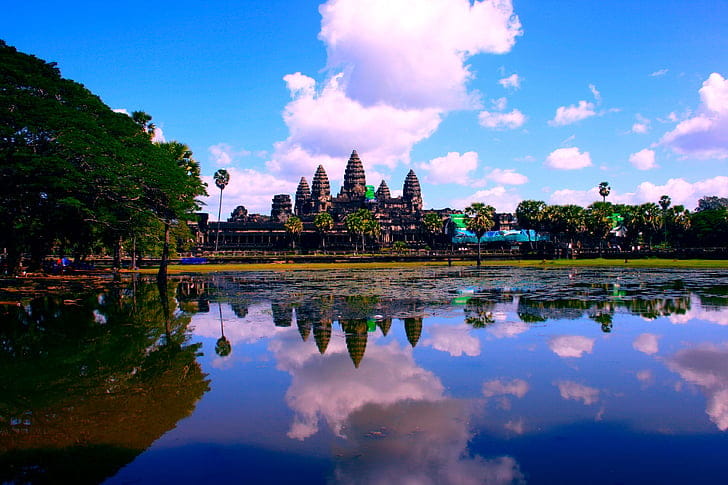Ancient temple reflected in water