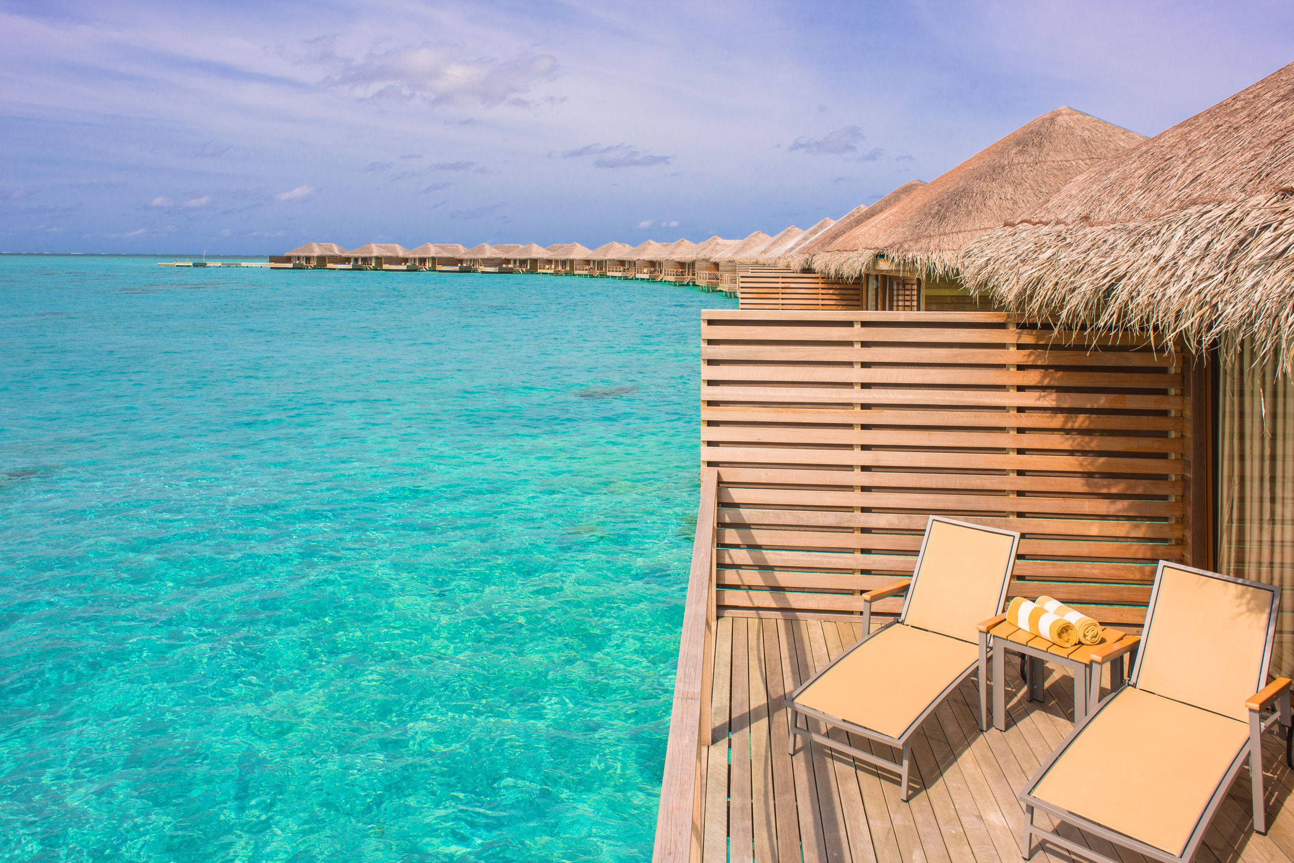 Overwater bungalows in tropical paradise