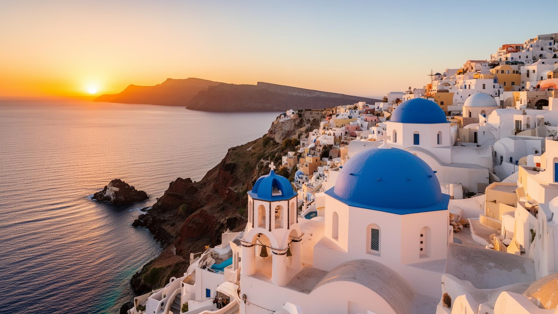 Santorini caldera at sunset, Greece
