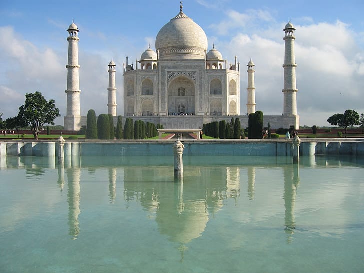 The Taj Mahal reflected in its pool, Agra, India